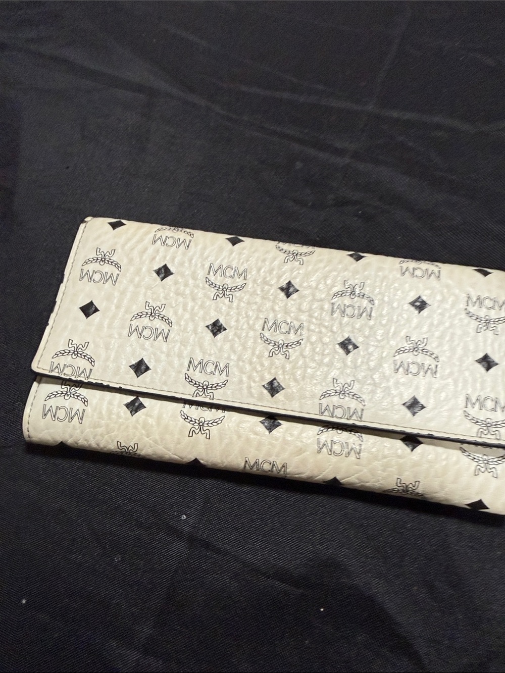 MCM Cream Logo Continental Wallet with Black Monogram